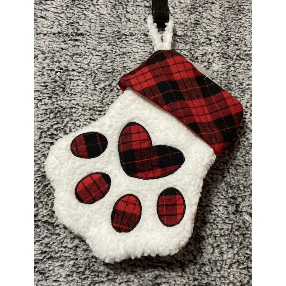 Christmas Stocking Cat Dog Paw Red Black Plaid Heart Sherpa Rustic Cabin NEW 13